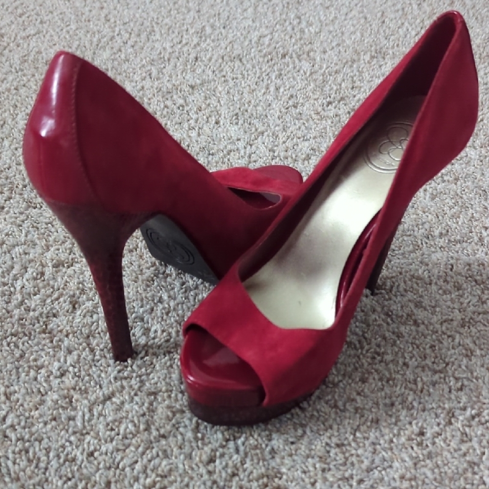Jessica Simpson Red Peep-Toe Heels With Snakeskin Detail, 90's/2000's, Vintage